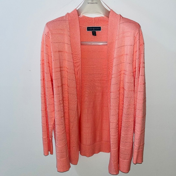 Karen Scott Cardigan Pointelle-Knit  Coral Blossom - Picture 1 of 8